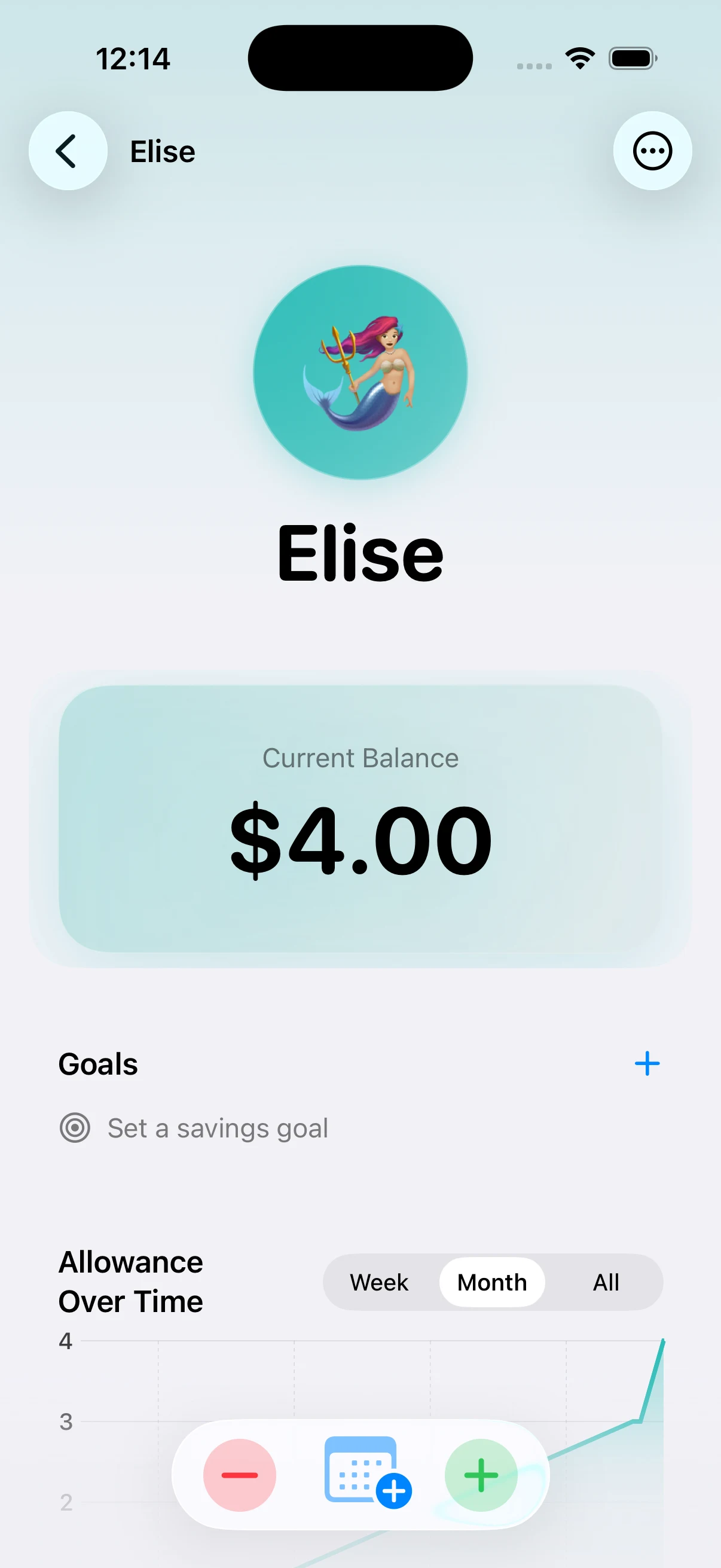 An Allowancer account with a balance, a goal and a chart of allowance over time
