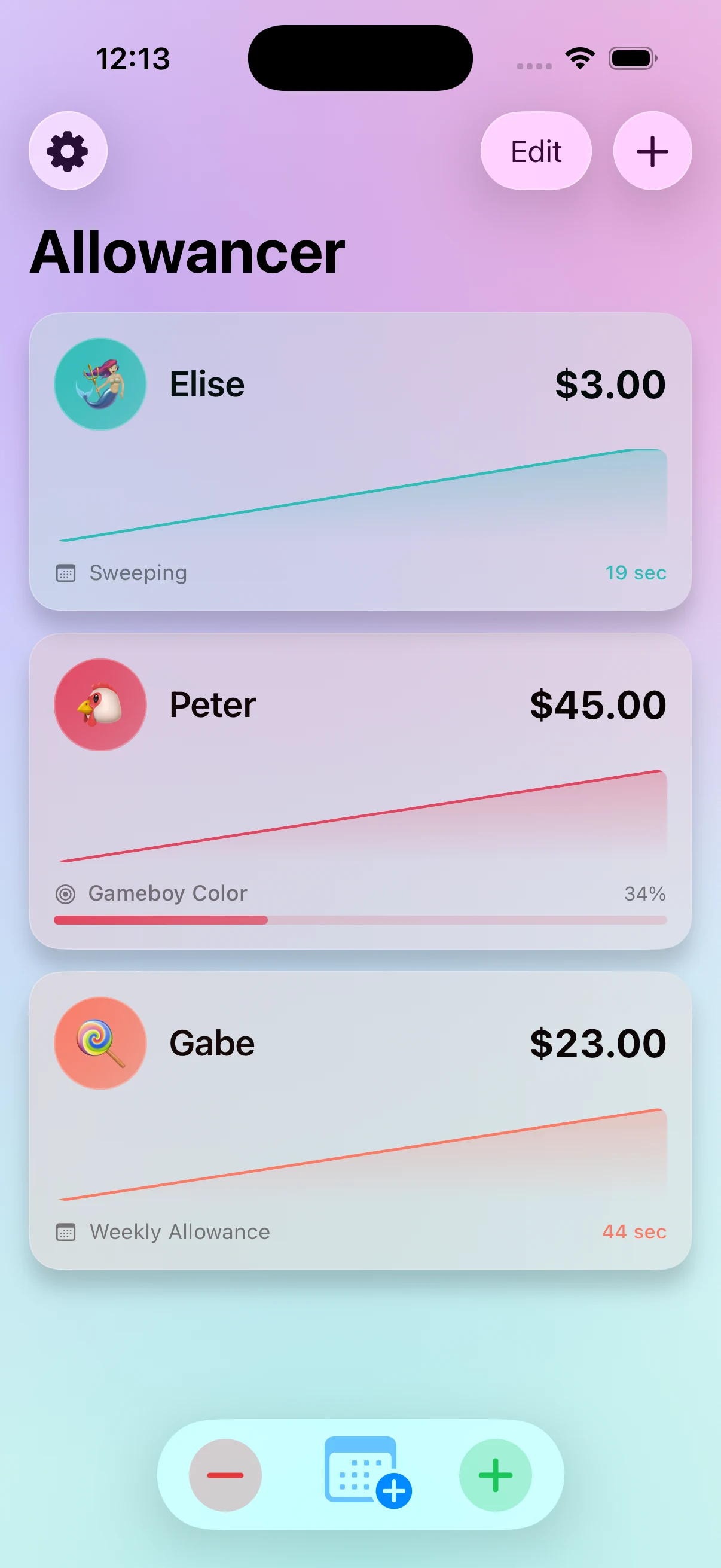 The Allowancer home screen showing three accounts with balances and savings goals