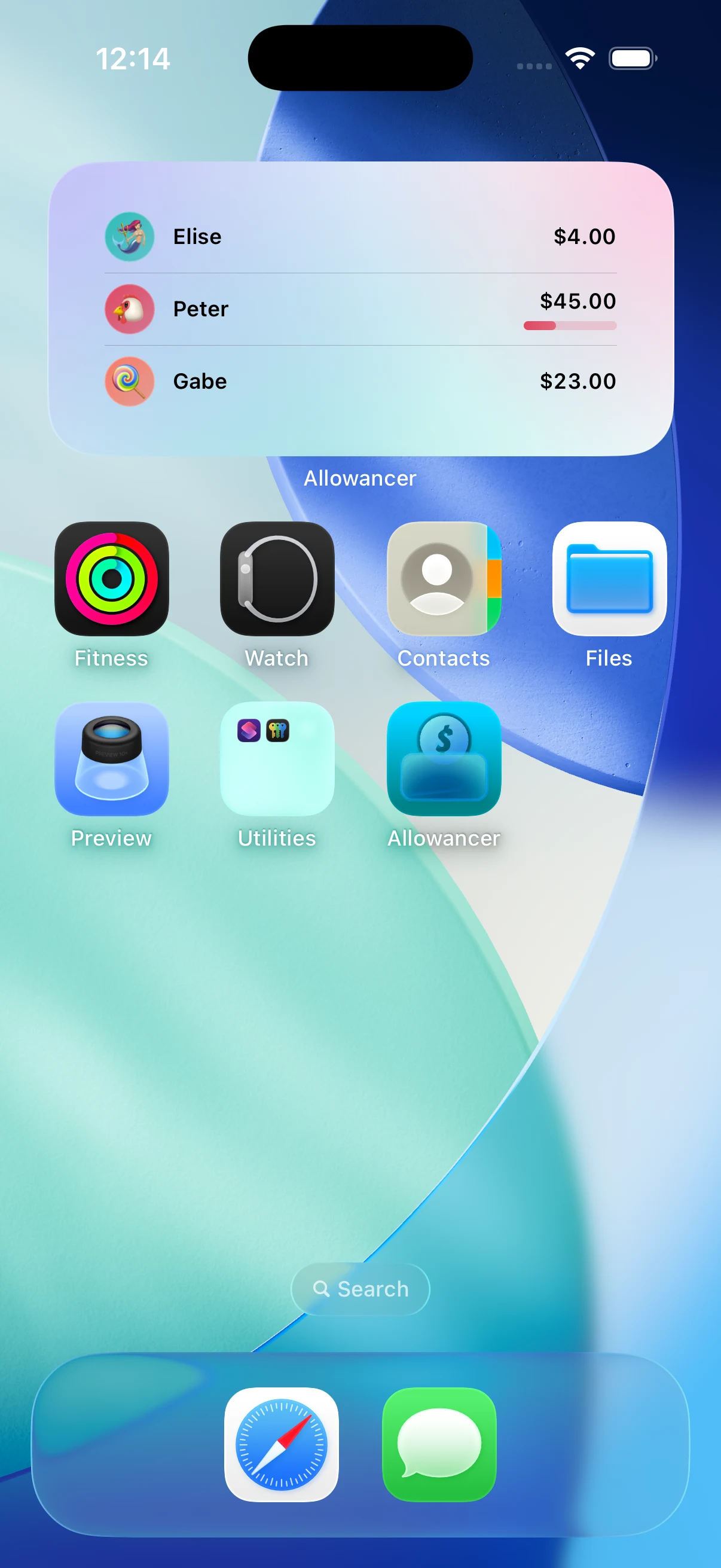 The Allowancer widget on an iPhone home screen