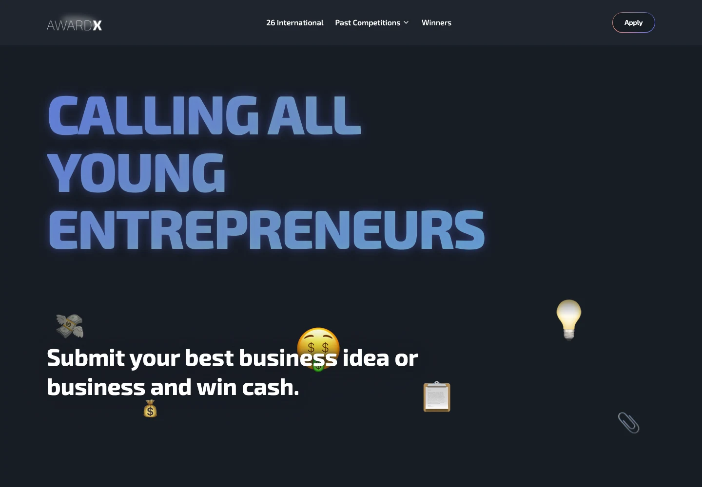 The AwardX home page with the headline Calling all young entrepreneurs