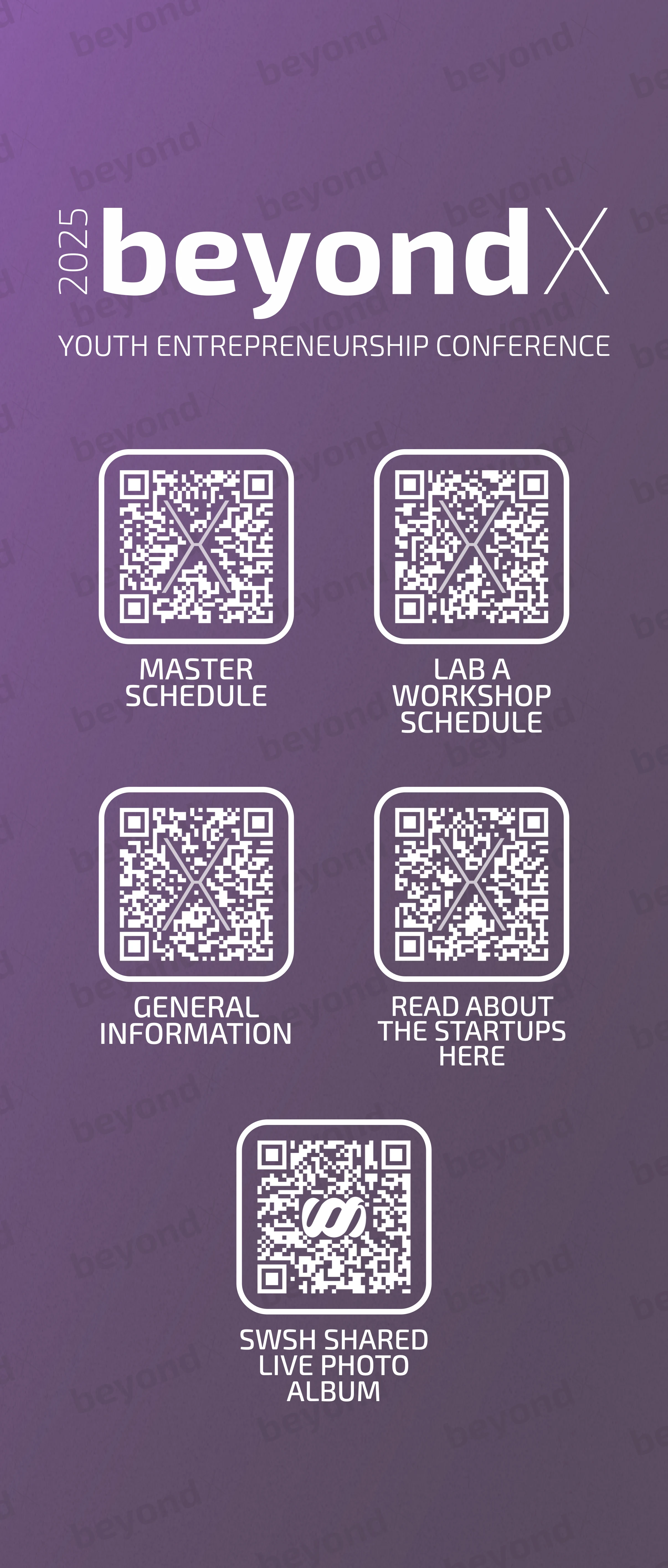 The tall beyondX banner with QR codes for the schedules