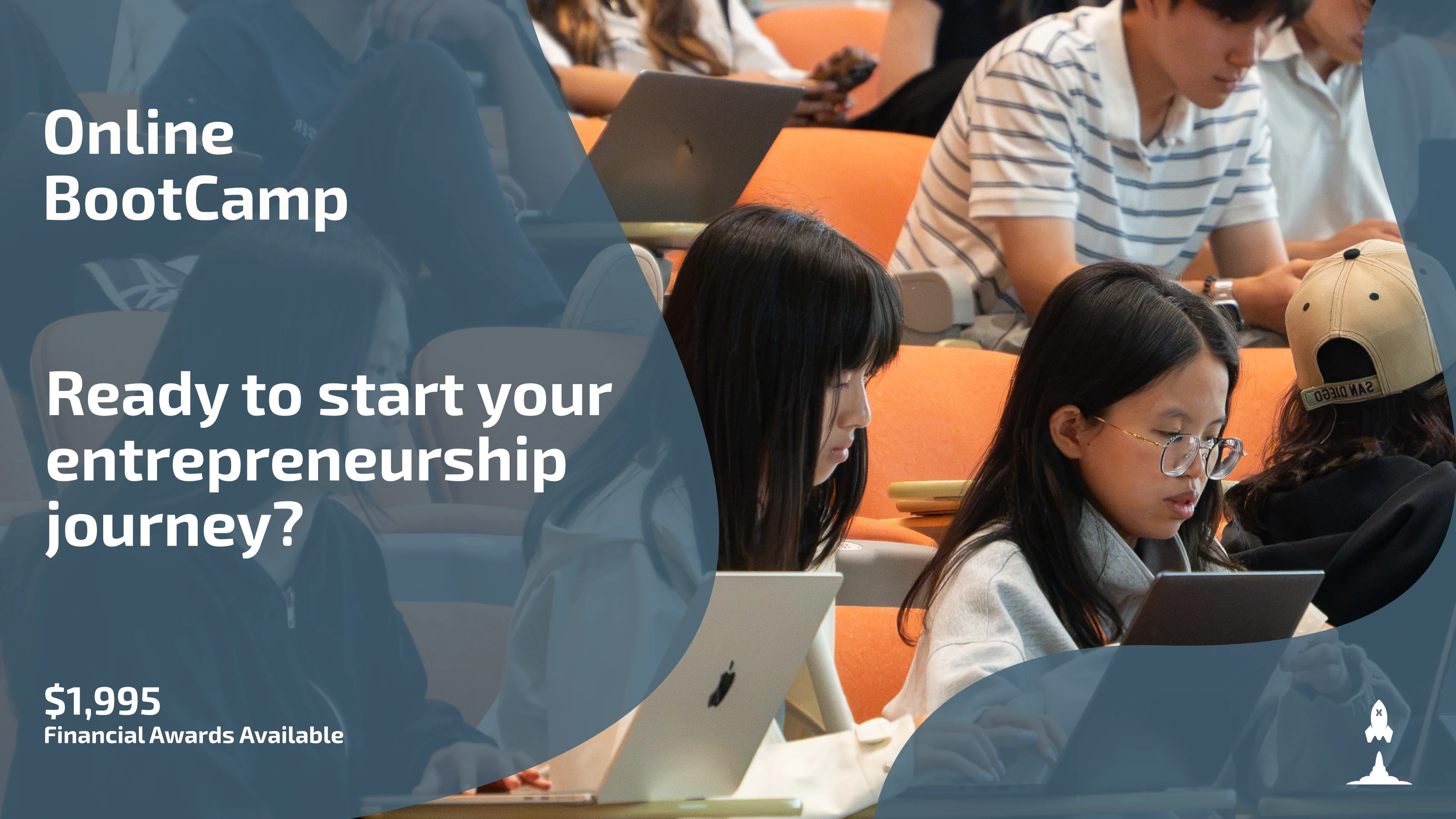 An Online BootCamp ad showing students working on laptops