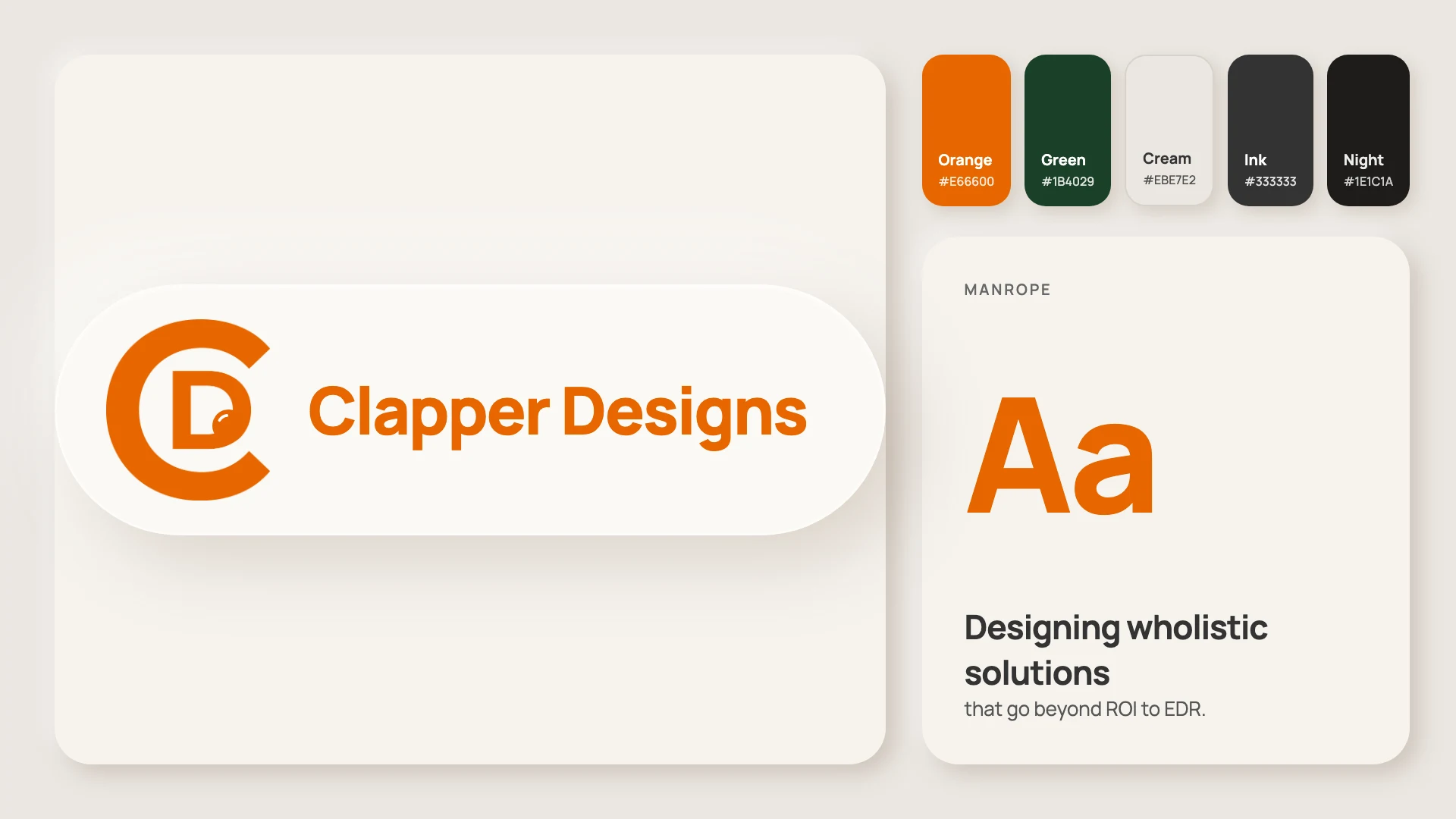 The Clapper Designs logo beside five colors, orange, green, cream, ink and night, and a sample of Manrope