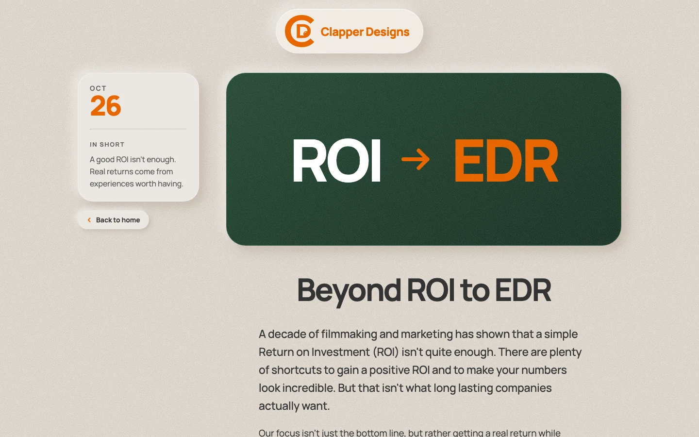 The Beyond ROI to EDR page on clapperdesigns.com, with ROI turning into EDR on a green panel