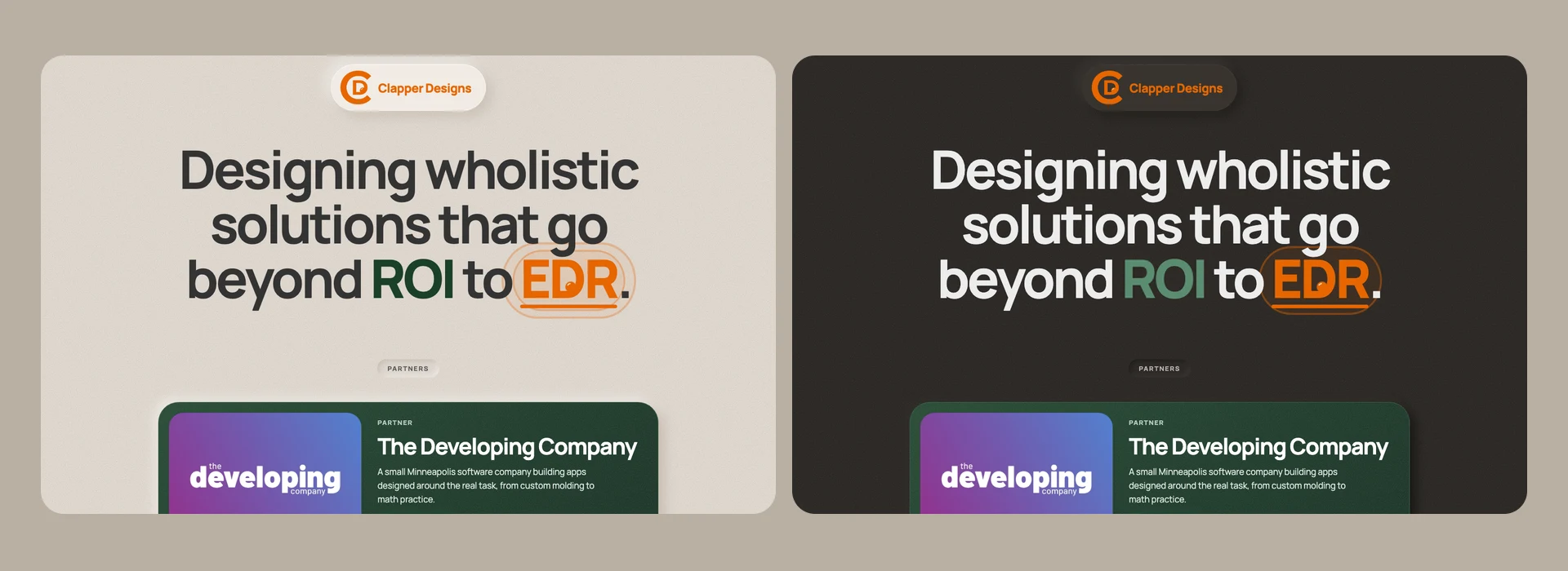 The Clapper Designs home page in light mode and in dark mode