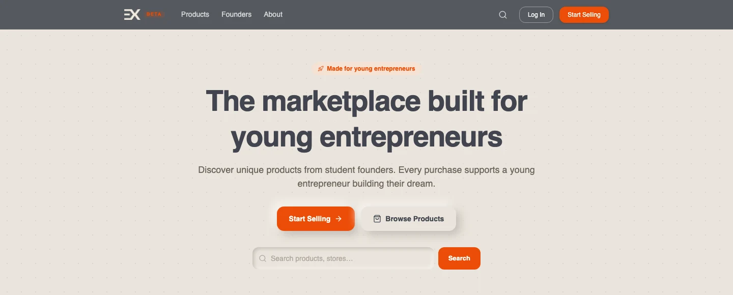 The EshipX home page with the headline The marketplace built for young entrepreneurs