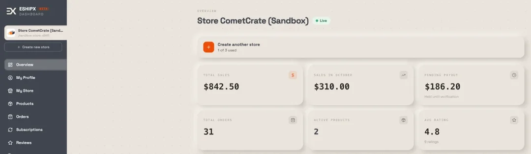 An EshipX seller dashboard for a demo store