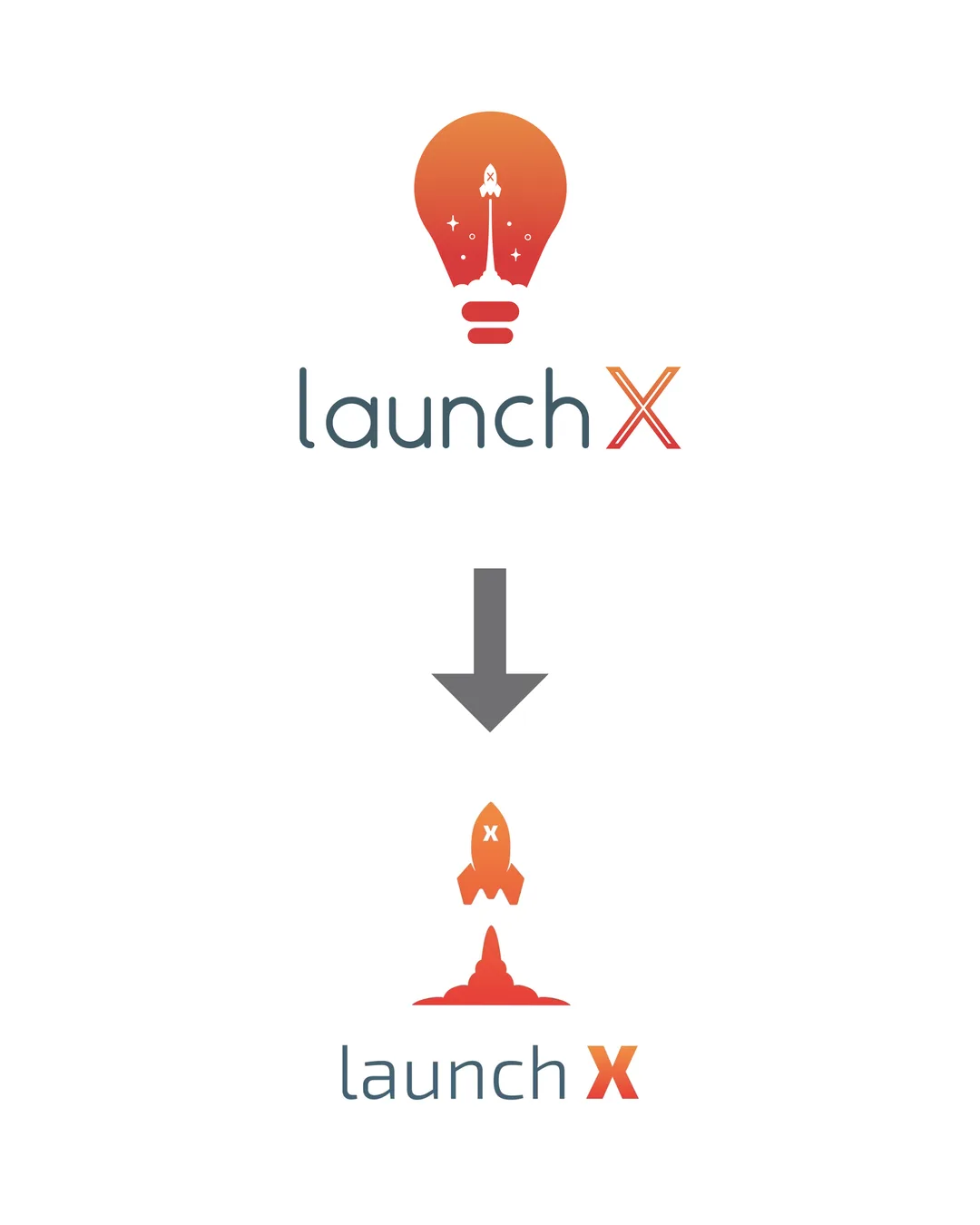 The old LaunchX light bulb logo, an arrow, and the new LaunchX rocket logo