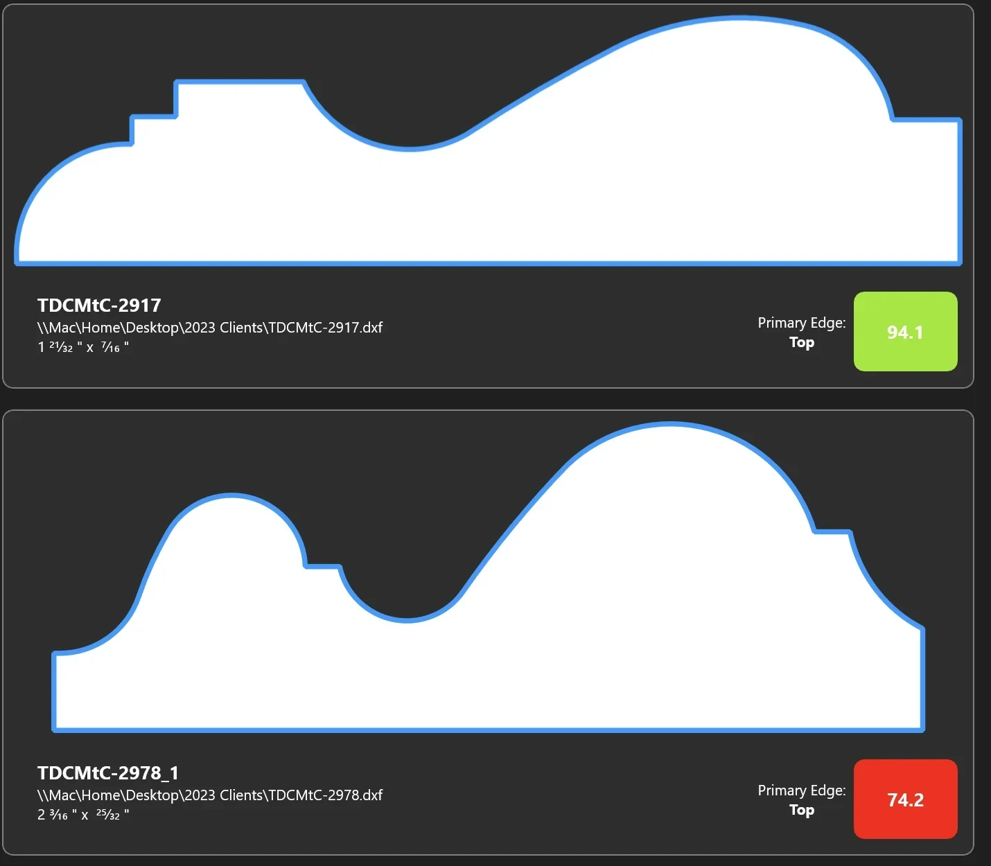 Match the Cut results, each catalog profile scored by how close it is to the outline, such as 94.1 percent
