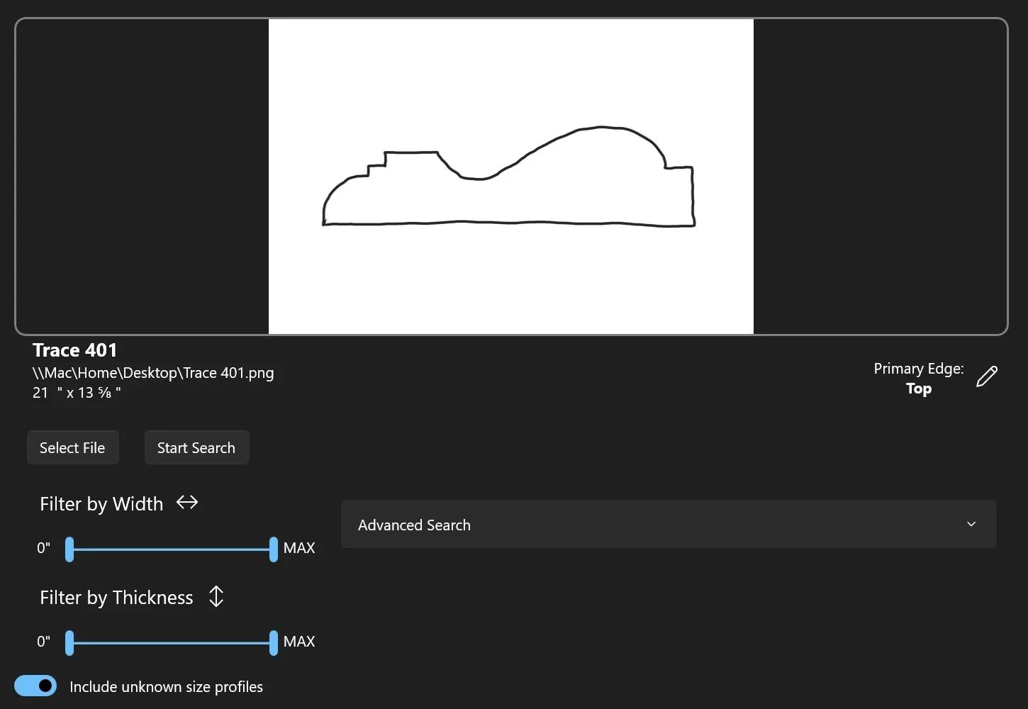 The simplified Match the Cut search screen, with an outline, width and thickness filters and a Start Search button