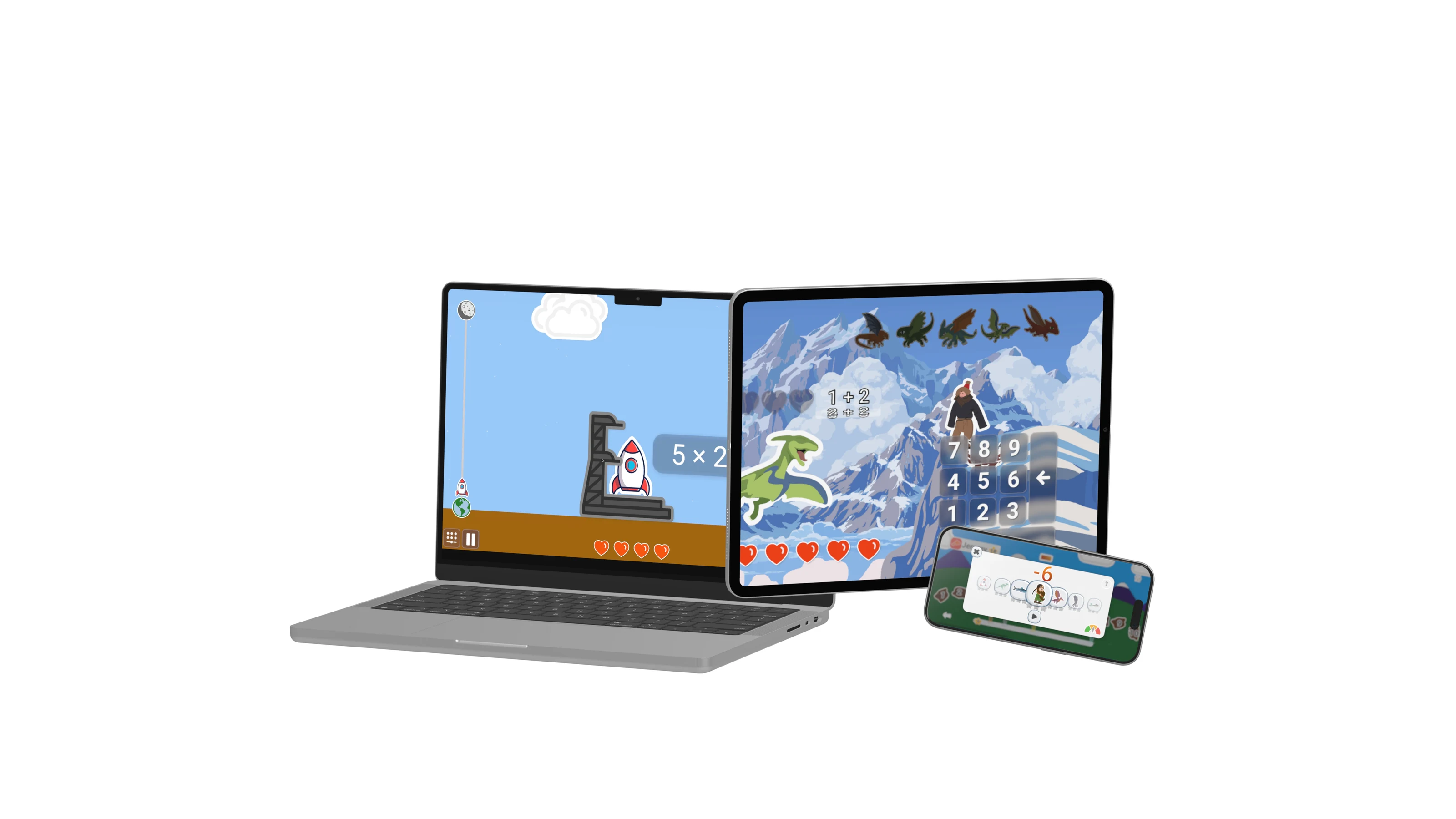 Mathigo running on a laptop, a tablet and a phone